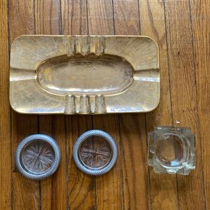 Vintage STANGL Pottery Cigar Ashtray Granada Gold, one square , 2 glass/silver